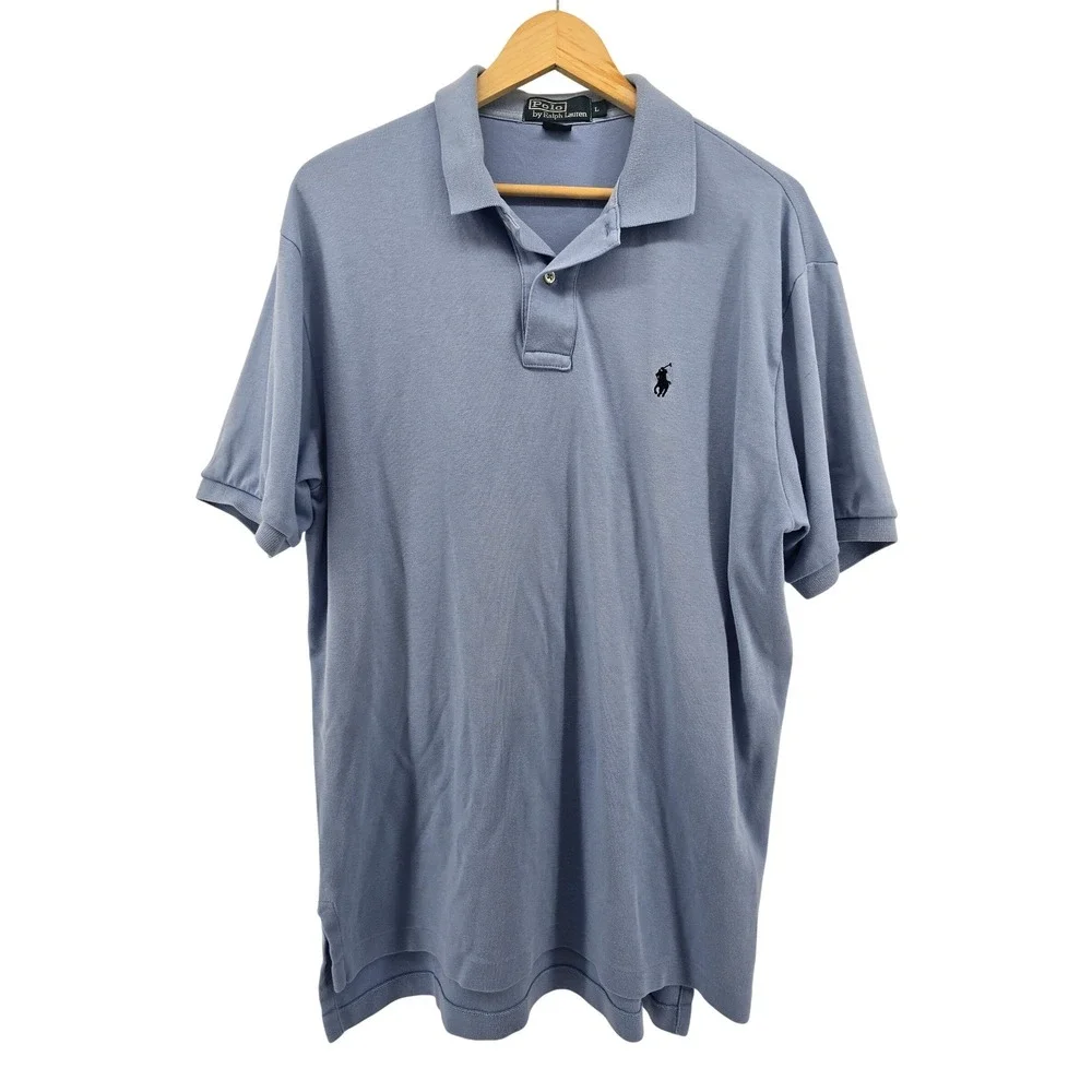 Polo Ralph Lauren Polo Shirt Men L Blue Solid Short Sleeve Embroidered Pony Pima